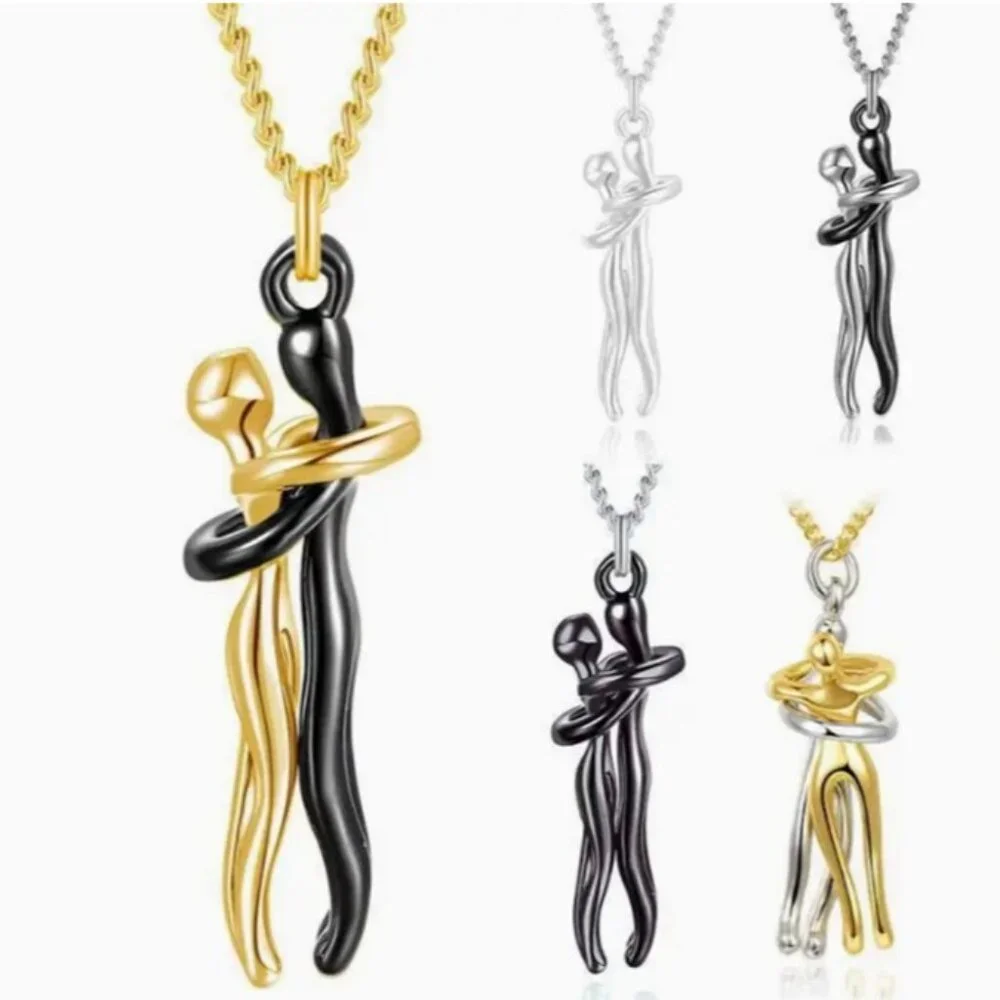Stainless Steel Hugging Couple Pendant Necklace - Black Male & Silver Female - Picture 2 of 3